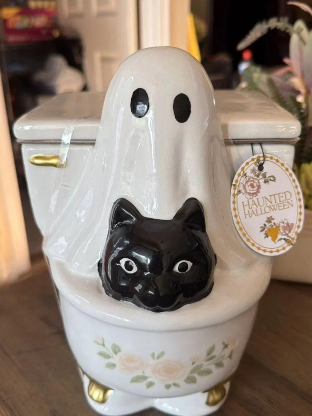 Halloween Vintage-Style Floral Toilet Cookie Jar W Whimsical Ghost & Black Cat